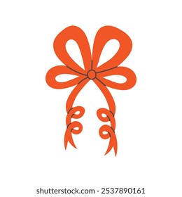 Red Decorative Bow Vector illustration. Festive tied knot, curly ribbon. Holiday gift present symbol. Christmas Birthday decoration.