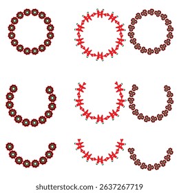 red decorative circular and u shaped star based vector elements with playful symmetrical forms for use in borders digital designs holiday decor and abstract graphics