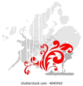 Red decorative curl on a grunge gray-white background.