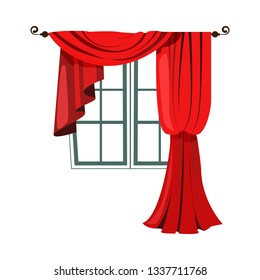Red decorative curtains flat icon. Mansion, palace, window. Curtains concept. Vector illustration can be used for topics like interior design, decor, home