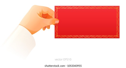 Red decorative envelope in the transparent man's hand. Someone's fingers holds the festive blank envelope with a gold curly ornament. Vector icon. Isolated mockup for wedding and birthday invitations.