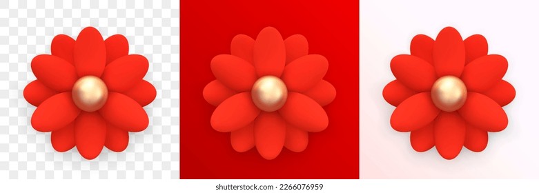 Red decorative flower. Abstract chamomile, daisy flower. Realistic 3d design decoration element in matte plastic. Icon isolated on white, red and transparent background. 3D Vector illustration