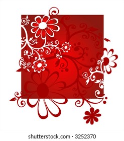Red decorative flowers on a red-white background.