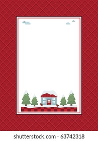 red decorative frame with winter scene and copy space