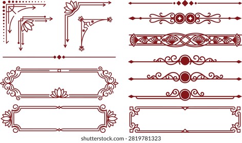 Red decorative frames and intricate linear page dividers featuring lotus motifs and complex geometric patterns.