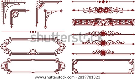 Red decorative frames and intricate linear page dividers featuring lotus motifs and complex geometric patterns.