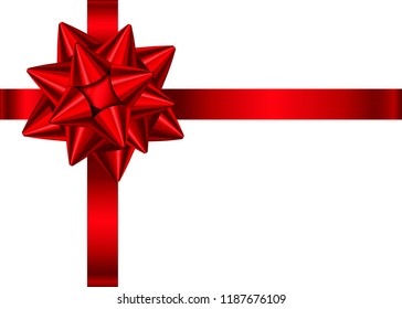 Red decorative gift ribbon and bow isolated on white background. Christmas, New Year, birthday decoration. Vector realistic decor element  for banner, greeting card, poster.