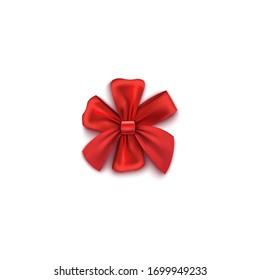Red decorative gift round rosette bow, realistic vector illustration isolated on white background. Birthday or Christmas present box decor from satin ribbons.