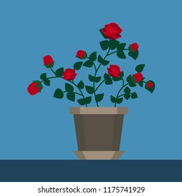 Red decorative roses in a gray pot. Roses for home decor or a flower shop. Vector illustration.