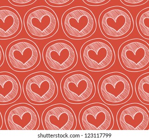 Red decorative seamless pattern with hearts in circles. Abstract texture with many cute details. Doodle background for prints, crafts, package papers, wallpapers