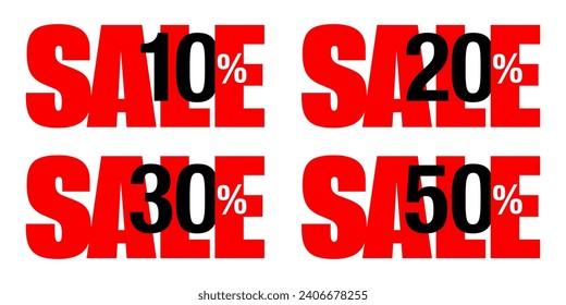 Red decorative tags for sales set in flat style. 10, 20, 30 or 50 percent off