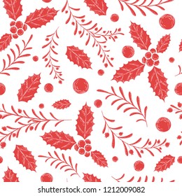 Red decorative winter ornament on a white background. Seamless pattern