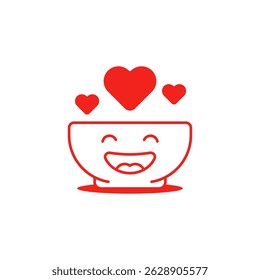 red deep plate with heart like yummy dish. simple outline trend modern abstract udon or laksa logotype graphic design isolated on white. concept of lovely food pictogram or business fast food catering