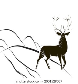 Red deer buck and large antlers  Black   white hand  drawn deer stands hillside  Cervus contour silhouette  Side view  Wildlife poster  Scandinavian minimalist style  Vector flat illustration
