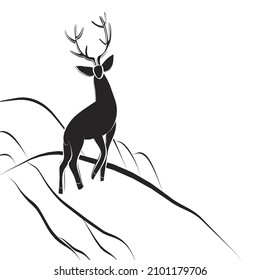 Red deer buck stands hillside  Animal and large horns  Side view  Black   white elk silhouette  Graceful Servus hand  drawn  Scandinavian minimalism  Wapiti image for hunting club tourist camp