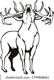 Red Deer Cervus Elaphus Roaring Viewed from Front Stencil Black and White Retro 