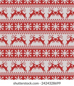 Red Deer couple holding a Big Heart in white row Knitting Seamless Pattern. Vector illustration.