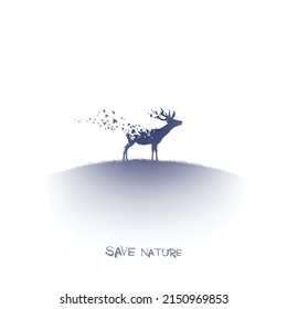 Red deer and flying birds. Endangered animal. Isolated blue silhouette