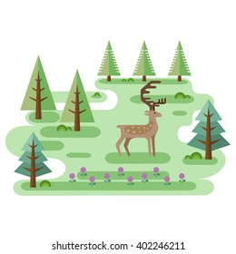 Red Deer in forest. Wildlife scene. Horned animal and trees. Idyllic flat style landscape. Small location useful for infographic, map or game. Vector illustration.