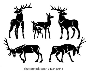 Red deer group. Vector set of black figures on a white background