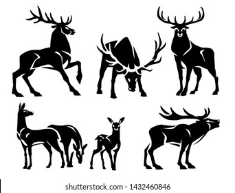 Red deer group. Vector set of black figures on a white background