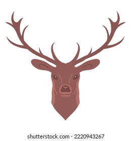 Red deer head with big antlers. Standing and looking. Forest herbivore animal. Faina and wildlife. Flat vector illustration isolated on white background