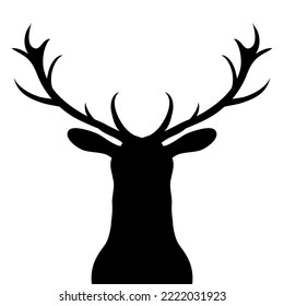 Red deer head with big antlers. Black silhouette. Standing and looking. Forest herbivore animal. Faina and wildlife. Flat vector illustration template isolated on white background