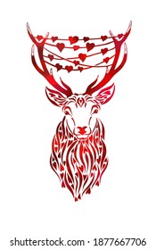 Red Deer with hearts on the horns. Happy Valentine's Day. With love. Vector illustration