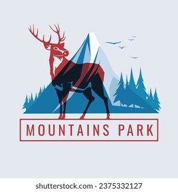 Red deer on the background of a blue mountain peak. National Wild Park. Risograph effect. Vector flat illustration