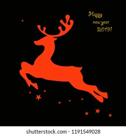 red deer on black background and stars, christmas card 2019, isolated vector