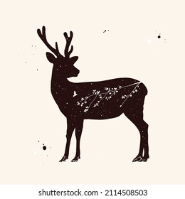 Red deer silhouette. Night starry sky texture. Abstract animal shape