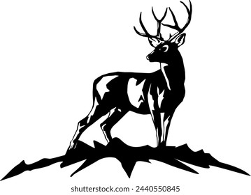 Red Deer Silhouette side view looking at back standing on white background
