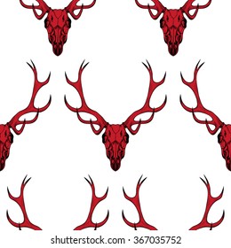 Red deer skull on a white background .Vector seamless pattern