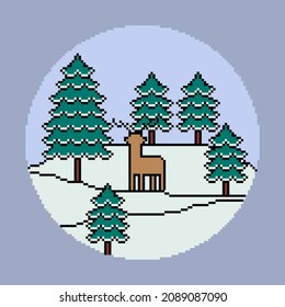 Red Deer in Snow with Christmas Tree Background in Pixel Drawing Style.