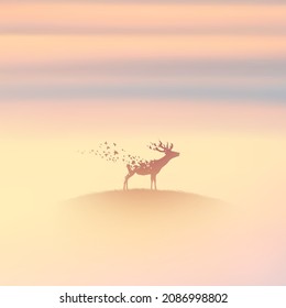 Red deer. Stag and flying birds. Endangered animal. Death, afterlife