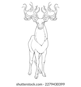 Ein roter Hirschsteg in voller Höhe, Draufsicht, prächtige Antler. Schwarze Linie, einzeln auf weißem Hintergrund. EPS10 Vektorgrafik