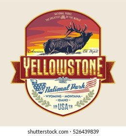 Red Deer at sunset, national Park Yellowstone, illustration, vector