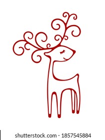 Red deer vector silhouette isolated on white background .Winter reindeer stencil decoration, horns with swirls.Happy New Year.Snowflakes. Merry Christmas.Plotter cutting. Vinyl wall sticker decal.