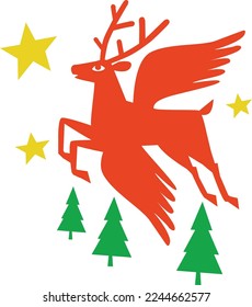 red deer with wings flies above the pines towards the stars