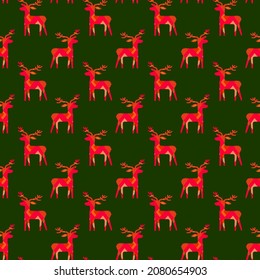 Patrón de ciervos rojos sin fisuras en el verde. Símbolo abstracto de Año Nuevo. Textil, papel, paquete, papel envolvente. Diseño de vectores.