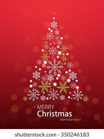 Red defocused background with Christmas tree in the form of stars.  Festive background with Christmas and New Year.