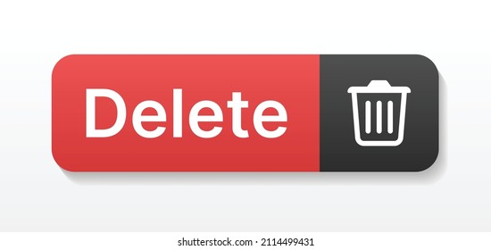 Red delete button with bin icon isolated on white background.