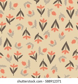 Red delicate flowers on a beige background. Delicate floral background. Seamless Floral Pattern.
