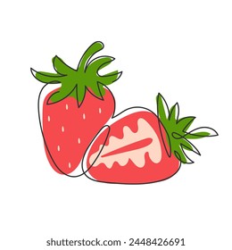 Red delicious Strawberries isolated on white. Continuous line Drawing simple illustration. Doodle abstract summer berry. Element for design. Sweet fruit vitamin