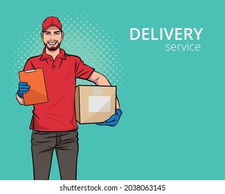 Red Delivery Man Employee Service With A Big Box Pop Art Comic Style