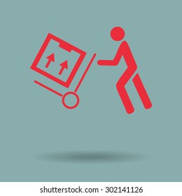 Red Delivery man pushing a cargo hand truck, vector icon