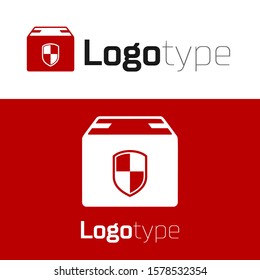 Red Delivery pack security symbol with shield icon isolated on white background. Delivery insurance. Insured cardboard boxes beyond the shield. Logo design template element. Vector Illustration