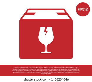 Red Delivery package box with fragile content symbol of broken glass icon isolated on white background. Box, package, parcel sign.  Vector Illustration