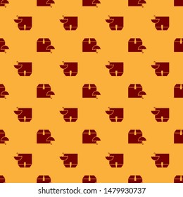Red Delivery package with umbrella symbol icon isolated seamless pattern on brown background. Parcel cardboard box with umbrella sign. Logistic and delivery.  Vector Illustration