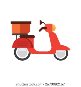 Vespa roja de la entrega con el envase anaranjado y el asiento marrón en vista lateral. Ilustración vectorial.